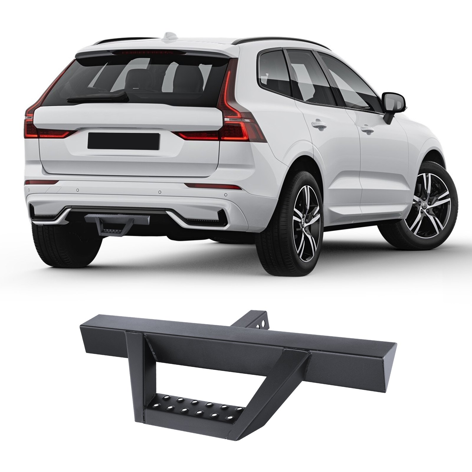 VEVOR trailer hitch step for 2-inch receivers, heavy-duty steel construction with 300 lb load capacity, rear bumper guard with pin lock and stabilizer, universal fit for trucks, SUVs, pickups, and trailers