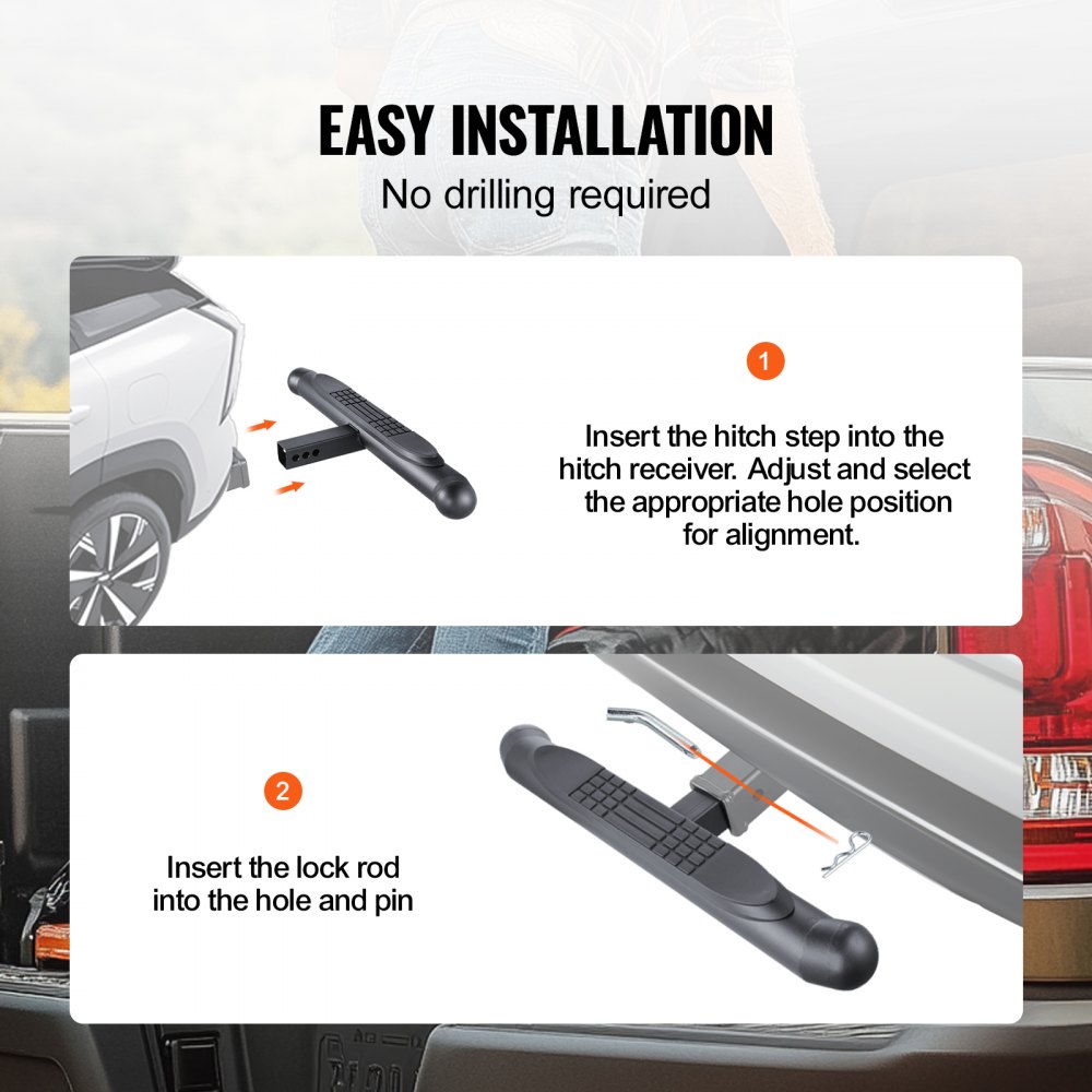 VEVOR 50.8 mm receiver hitch, robust steel construction with 158.7 kg lifting capacity, rear bumper protector with pin locking mechanism, universal fit for trucks, SUVs, pickups, and trailers