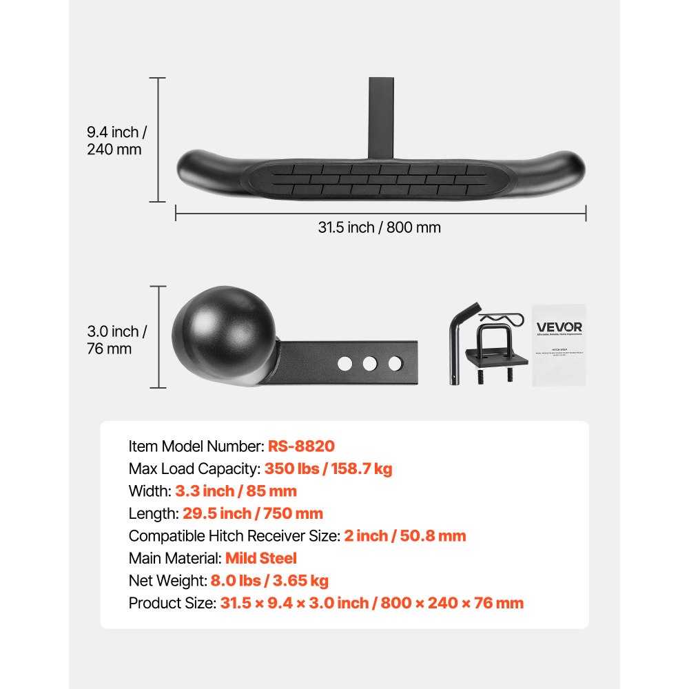 VEVOR Escalón de Enganche para Receptor de 5,08 cm Protector de Parachoques Trasero Universal de Acero Dulce con Pasador de Bloqueo y Estabilizador Capacidad de Carga de 158,7 kg, para SUV