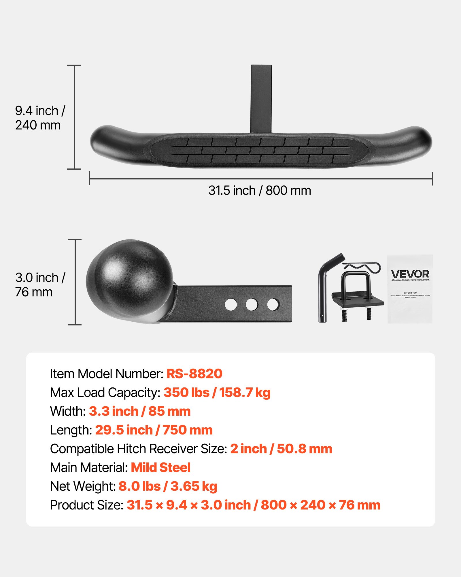 VEVOR Escalón de Enganche para Receptor de 5,08 cm Protector de Parachoques Trasero Universal de Acero Dulce con Pasador de Bloqueo y Estabilizador Capacidad de Carga de 158,7 kg, para SUV