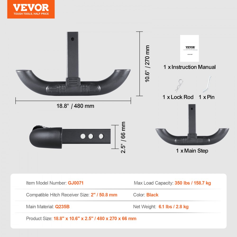 VEVOR Hitch Step for 5 cm Receiver, Universal Rear Bumper Guard Protector with 159 kg Load Capacity, Non-Slip Tow Hitch Step with Pin Kit, Fit for Truck, SUV, Pickup, Trailer