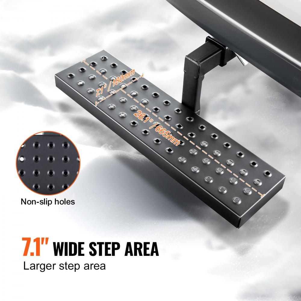 VEVOR towbar step for 50.8 mm receivers, robust steel construction with 158.7 kg load capacity, rear bumper protector with pin locking mechanism, 665 mm long for trucks, SUVs, pickups, and trailers