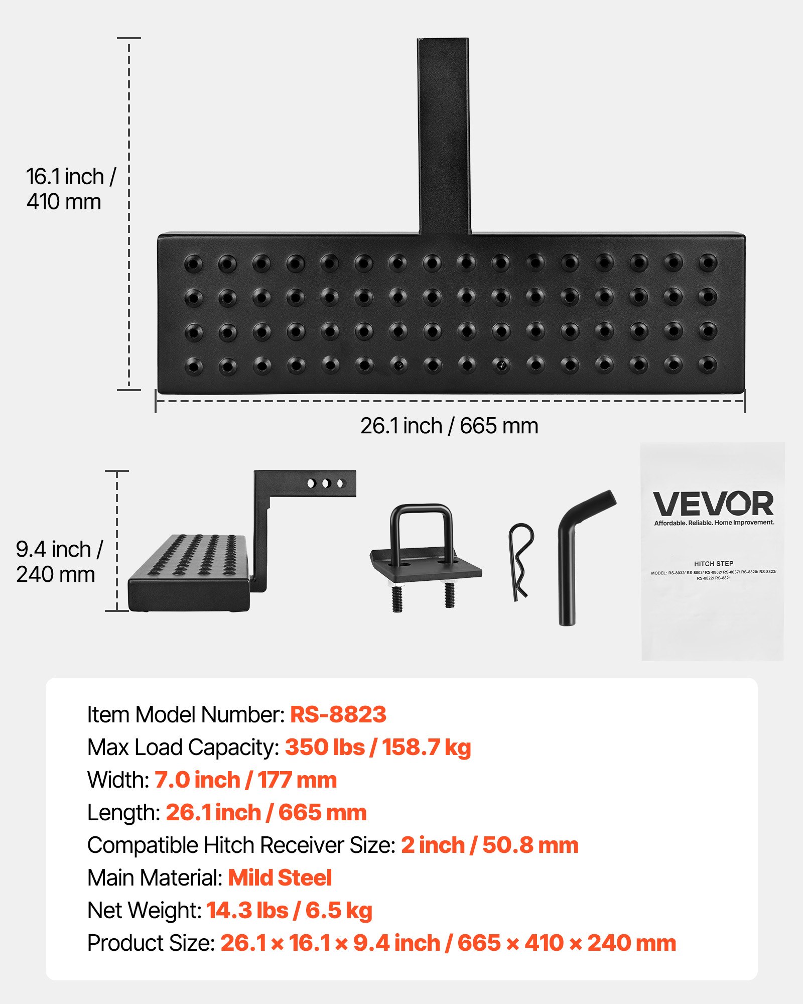 VEVOR Escalón de Enganche para Receptor de 5,08 cm 665 x 410 x 240 mm Protector de Parachoques Trasero Universal con Capacidad de Carga de 158,7 kg de Acero Dulce, para Camioneta, SUV, Remolque