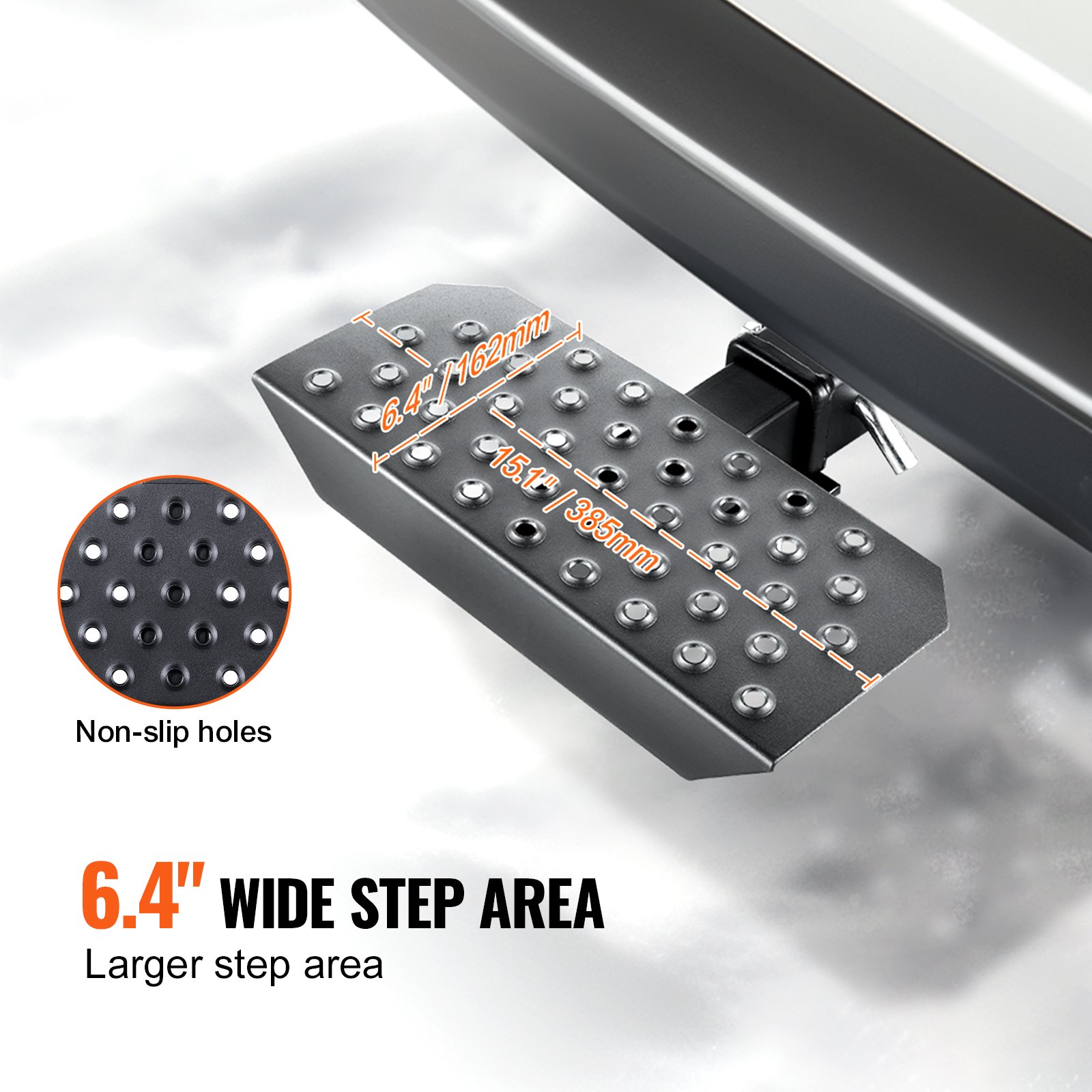 VEVOR towbar step for 50.8 mm receivers, robust steel construction with 158.7 kg load capacity, rear bumper protector with pin locking mechanism, 385 mm long for trucks, SUVs, pickups, and trailers