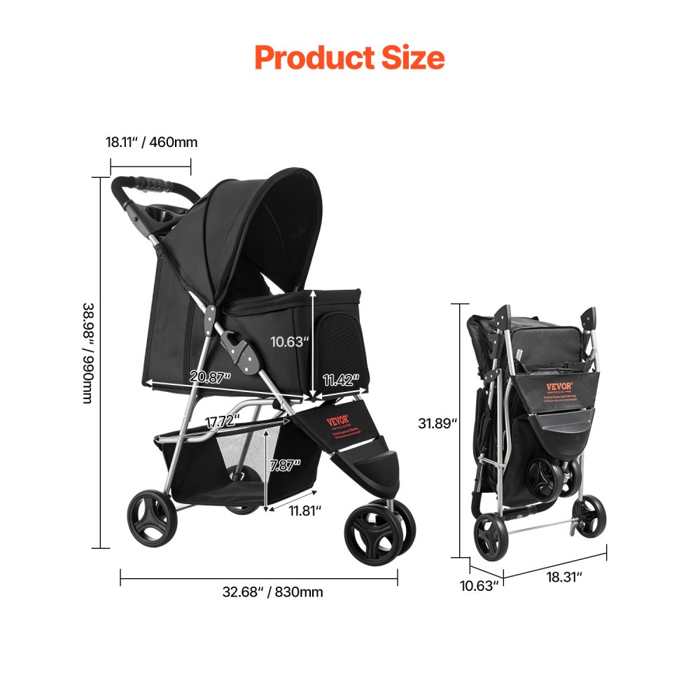 VEVOR Cochecito para Mascotas Capacidad 16kg Carrito Plegable para Perros de 3 Ruedas con Ventana de Malla y Portavasos Cochecito Portátil Tela Oxford 600D con Freno para Mascotas Pequeñas Medianas