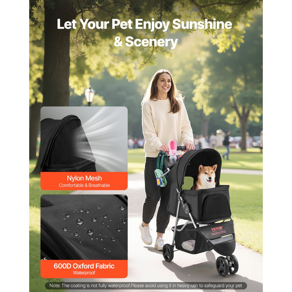 VEVOR Cochecito para Mascotas Capacidad 16kg Carrito Plegable para Perros de 3 Ruedas con Ventana de Malla y Portavasos Cochecito Portátil Tela Oxford 600D con Freno para Mascotas Pequeñas Medianas
