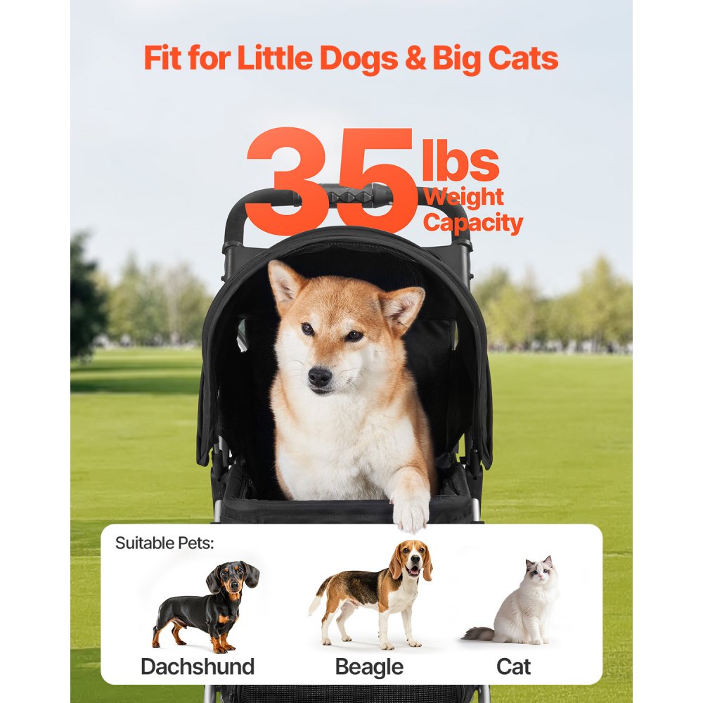 VEVOR Cochecito para Mascotas Capacidad 16kg Carrito Plegable para Perros de 3 Ruedas con Ventana de Malla y Portavasos Cochecito Portátil Tela Oxford 600D con Freno para Mascotas Pequeñas Medianas