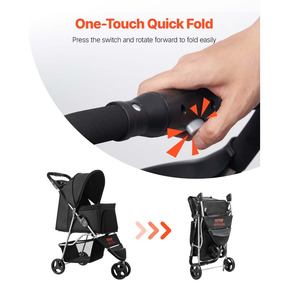 VEVOR Cochecito para Mascotas Capacidad 16kg Carrito Plegable para Perros de 3 Ruedas con Ventana de Malla y Portavasos Cochecito Portátil Tela Oxford 600D con Freno para Mascotas Pequeñas Medianas