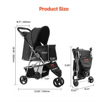 VEVOR Cochecito para Mascotas Plegable 3 Ruedas Capacidad de 16 kg con Freno