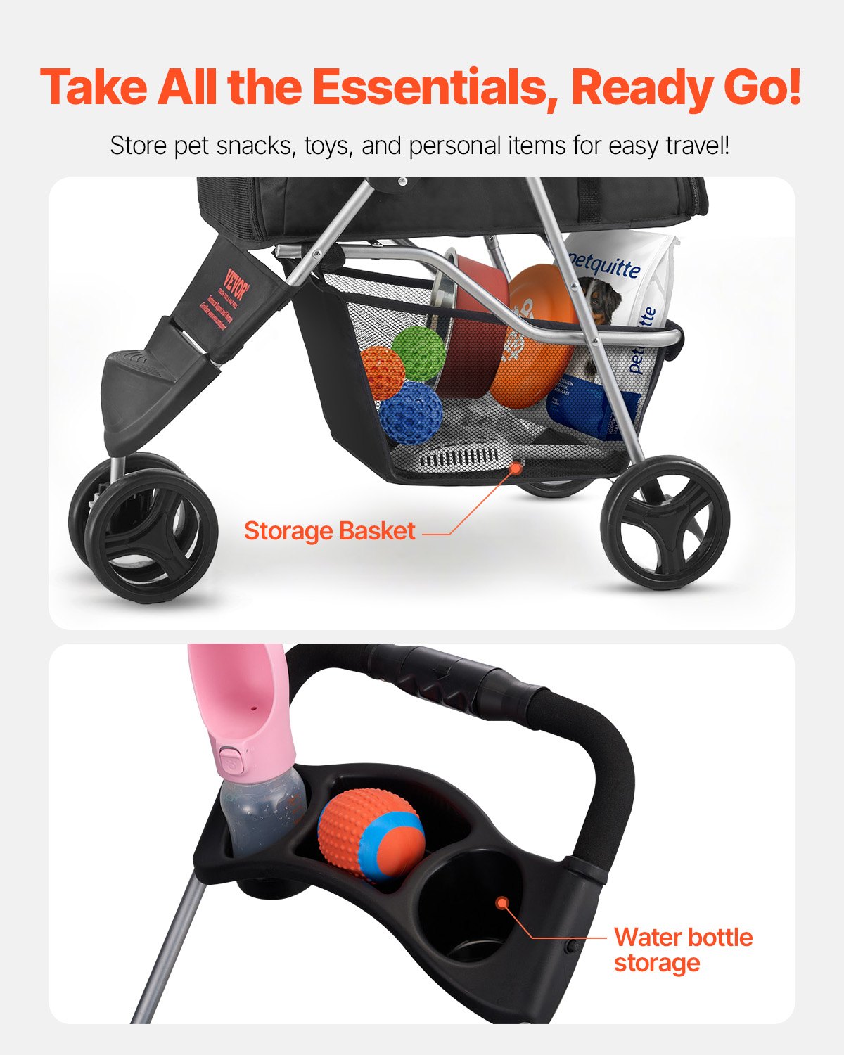 VEVOR Cochecito para Mascotas Capacidad 16kg Carrito Plegable para Perros de 3 Ruedas con Ventana de Malla y Portavasos Cochecito Portátil Tela Oxford 600D con Freno para Mascotas Pequeñas Medianas