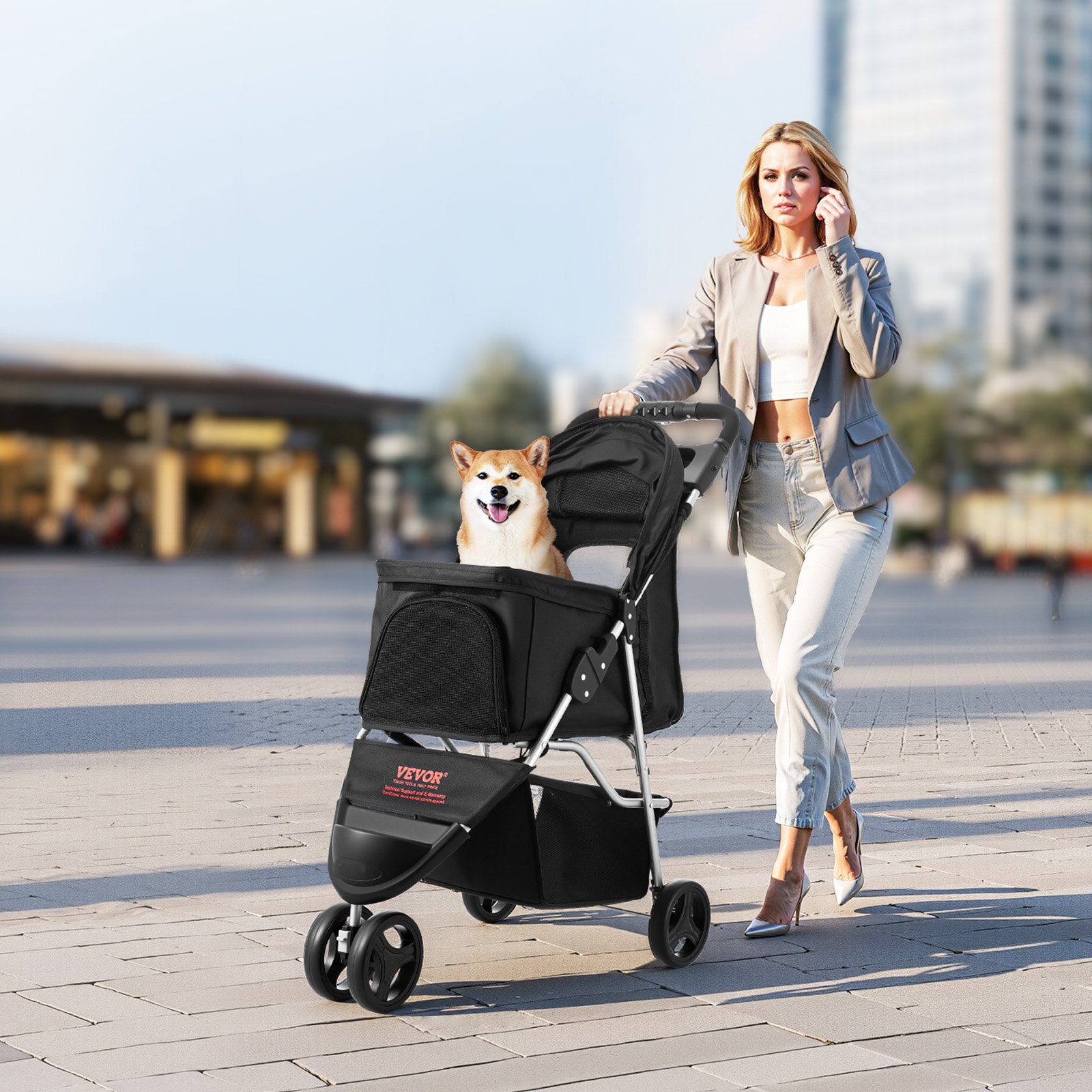 VEVOR Cochecito para Mascotas Capacidad 16kg Carrito Plegable para Perros de 3 Ruedas con Ventana de Malla y Portavasos Cochecito Portátil Tela Oxford 600D con Freno para Mascotas Pequeñas Medianas