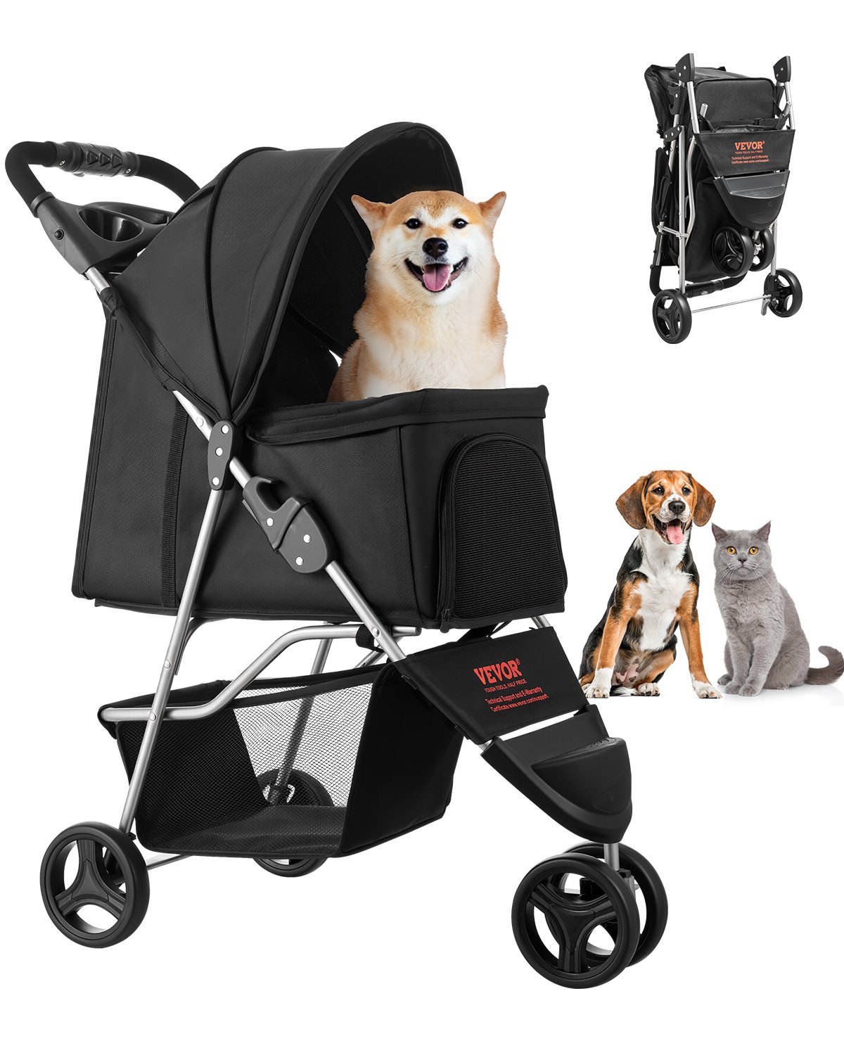 VEVOR Cochecito para Mascotas Capacidad 16kg Carrito Plegable para Perros de 3 Ruedas con Ventana de Malla y Portavasos Cochecito Portátil Tela Oxford 600D con Freno para Mascotas Pequeñas Medianas