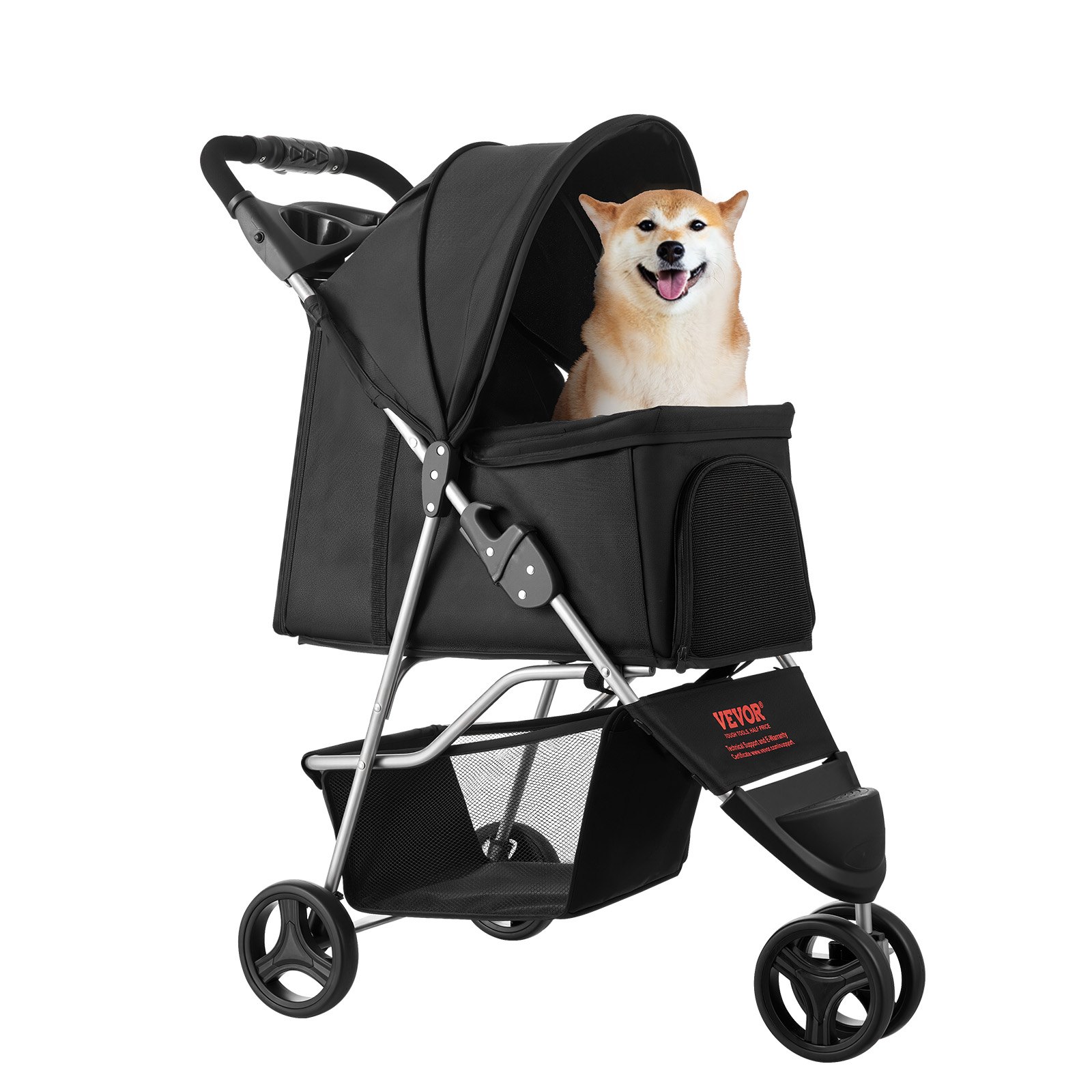 VEVOR Cochecito para Mascotas Capacidad 16kg Carrito Plegable para Perros de 3 Ruedas con Ventana de Malla y Portavasos Cochecito Portátil Tela Oxford 600D con Freno para Mascotas Pequeñas Medianas