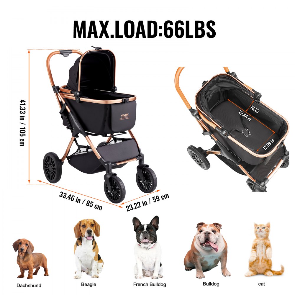VEVOR Cochecito para Perros 4 Ruedas Giratorias con Freno Cochecito para Mascotas Carga 30 kg Cochecito para Gatos Soporte Extraíble Cesta de Almacenamiento Cojín para Perros Pequeños/Medianos, Negro