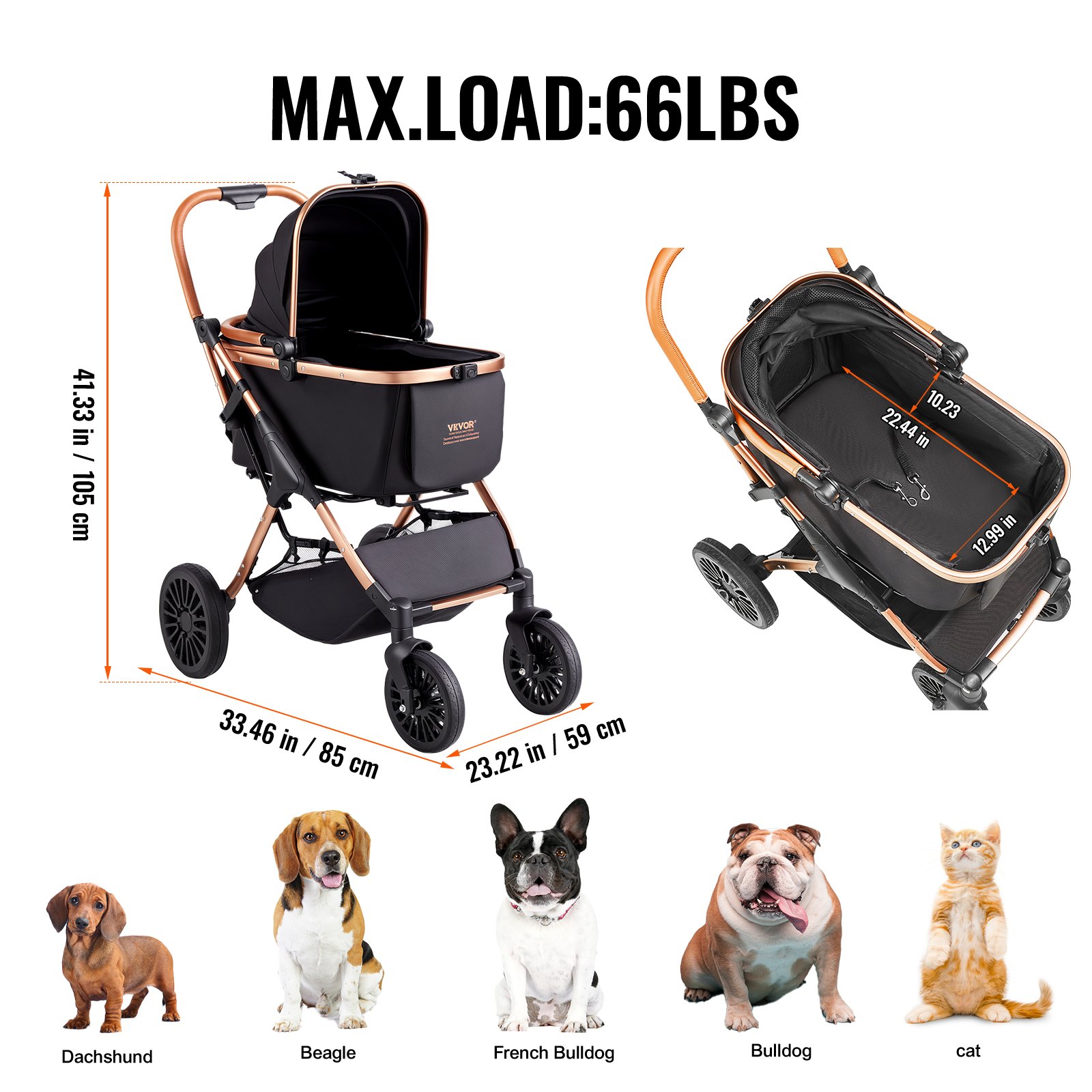 VEVOR Cochecito para Perros 4 Ruedas Giratorias con Freno Cochecito para Mascotas Carga 30 kg Cochecito para Gatos Soporte Extraíble Cesta de Almacenamiento Cojín para Perros Pequeños/Medianos, Negro