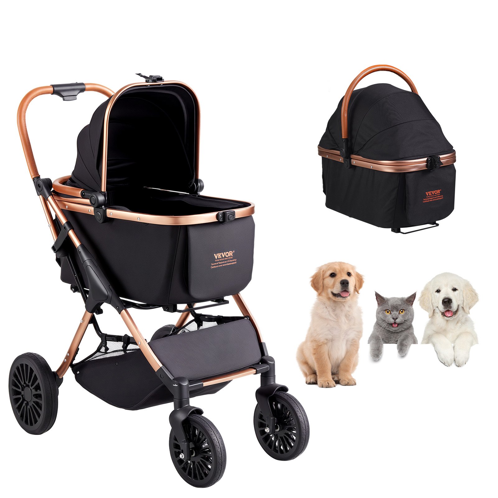 VEVOR Cochecito para Perros 4 Ruedas Giratorias con Freno Cochecito para Mascotas Carga 30 kg Cochecito para Gatos Soporte Extraíble Cesta de Almacenamiento Cojín para Perros Pequeños/Medianos, Negro