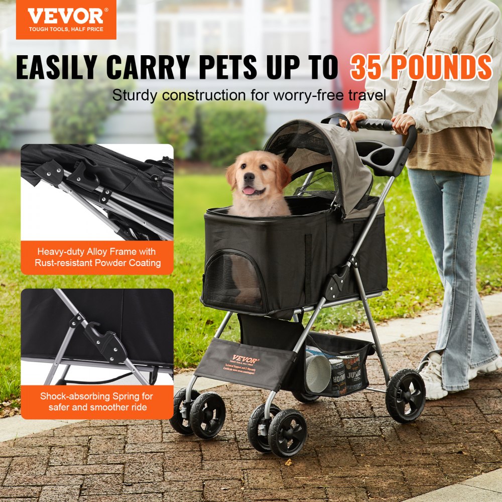 VEVOR Dog Stroller 79x46x102cm Dog Cart 16kg Load Capacity Foldable Dog Trolley Aluminum Frame 600D Oxford Fabric Nylon Mesh Window 4 EVA Wheels Dog Box Pet Stroller Cat Stroller Pet Transport