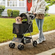 VEVOR Cochecito para Perros 4 Ruedas Giratorias 1 Freno Cochecito para Mascotas Carga de 16 kg Transportín de Perros Soporte Extraíble Cesta de Almacenamiento Portavasos para Perros, Negro Gris Oscuro