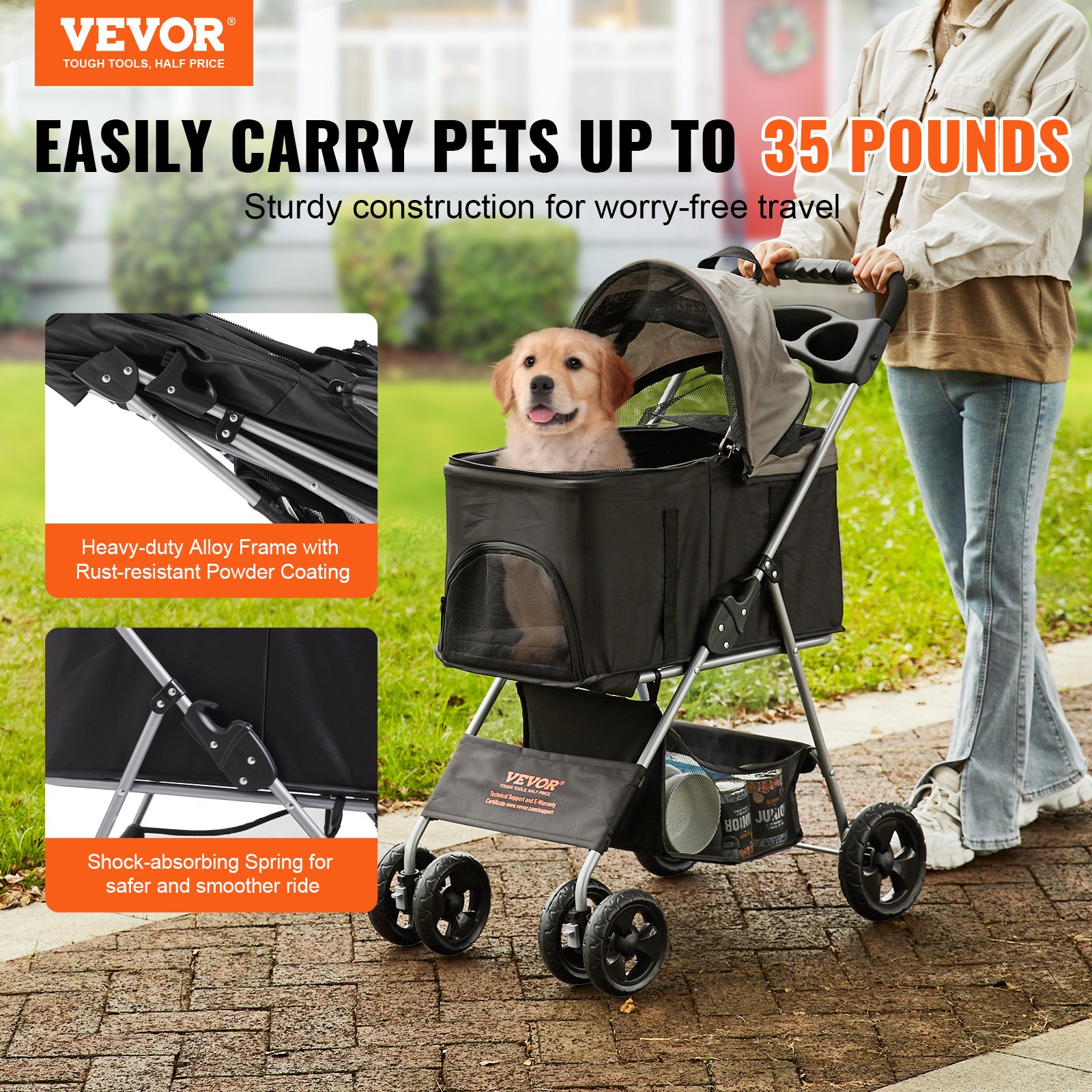 VEVOR Cochecito para Perros 4 Ruedas Giratorias 1 Freno Cochecito para Mascotas Carga de 16 kg Transportín de Perros Soporte Extraíble Cesta de Almacenamiento Portavasos para Perros, Negro Gris Oscuro