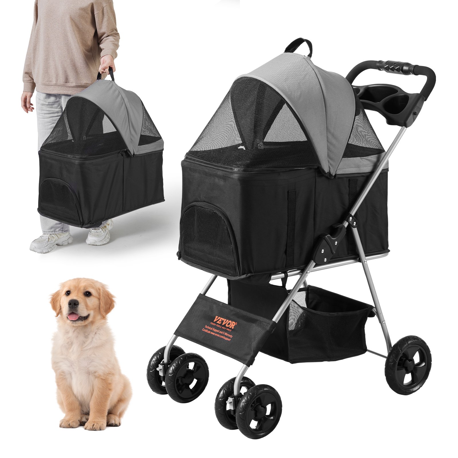 VEVOR Dog Stroller 79x46x102cm Dog Cart 16kg Load Capacity Foldable Dog Trolley Aluminum Frame 600D Oxford Fabric Nylon Mesh Window 4 EVA Wheels Dog Box Pet Stroller Cat Stroller Pet Transport
