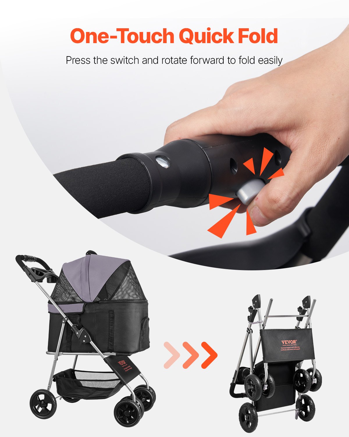 VEVOR Dog Stroller 81x46x97 cm, 16.9 kg Load Capacity, Foldable Dog Buggy, 4-Wheel Buggy with Detachable Carrier and Mesh Windows, Portable Pet Buggy with Brake for Small to Medium-Sized Pets