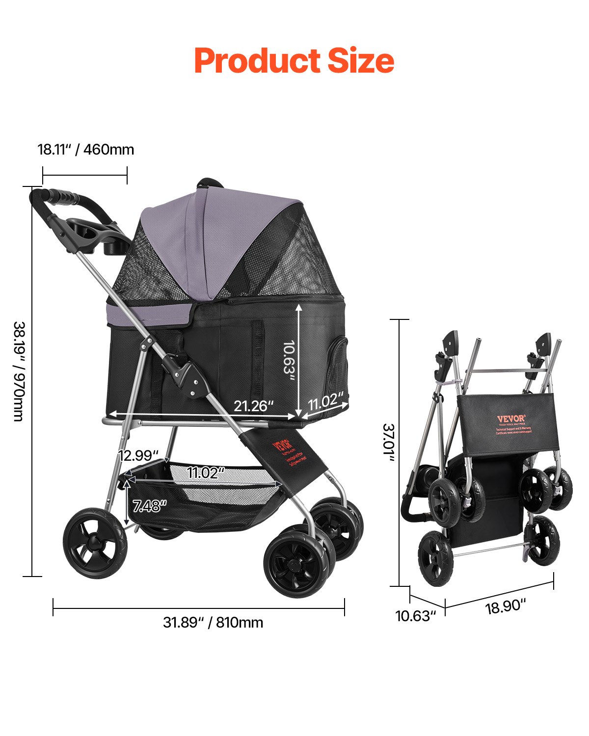 VEVOR Cochecito para Mascotas Capacidad de 16 kg Carrito Plegable para Perros de 4 Ruedas con Portabebés Desmontable Ventana de Malla Tela Oxford 600D con Freno para Mascotas Pequeñas Medianas