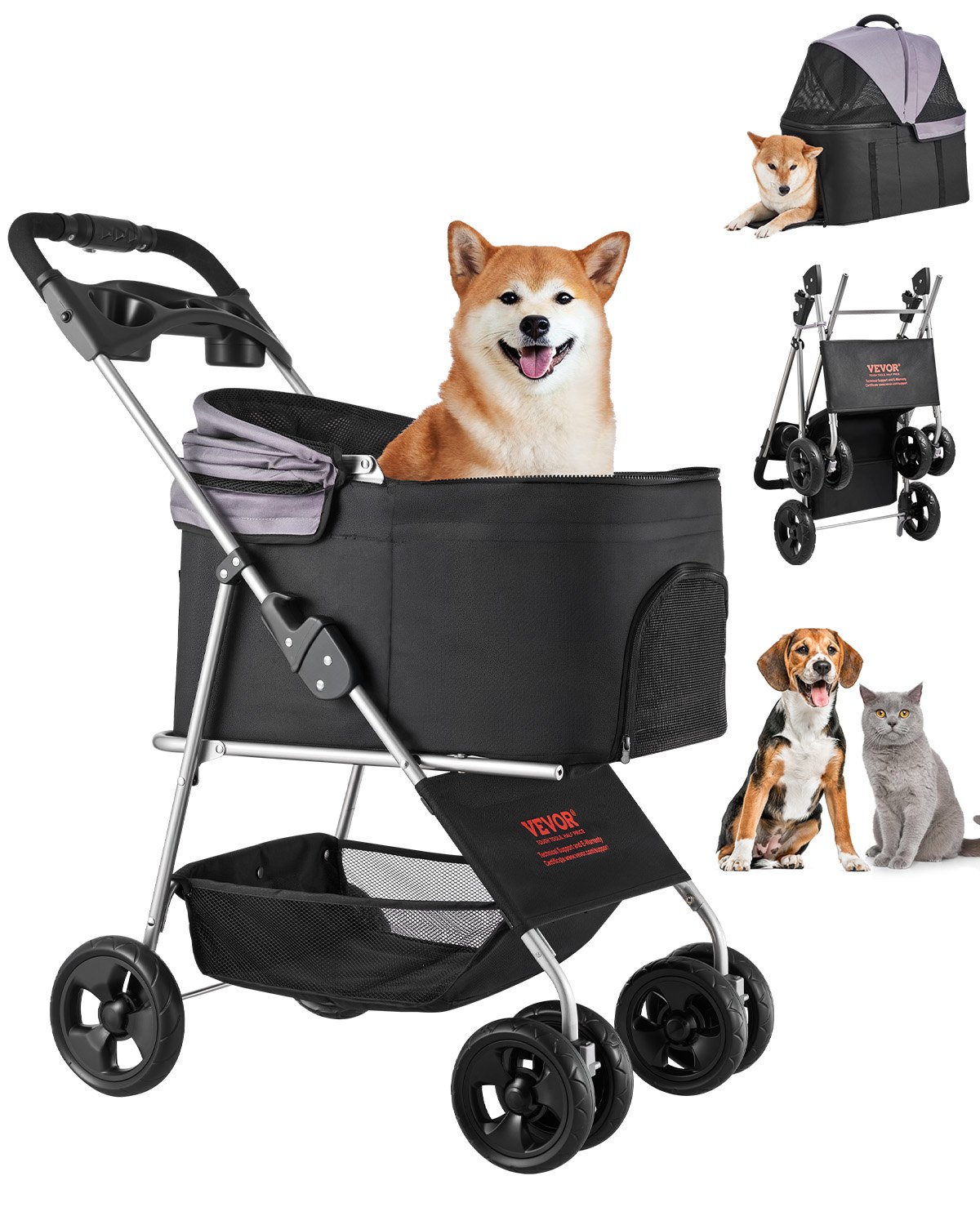 VEVOR Cochecito para Mascotas Capacidad de 16 kg Carrito Plegable para Perros de 4 Ruedas con Portabebés Desmontable Ventana de Malla Tela Oxford 600D con Freno para Mascotas Pequeñas Medianas