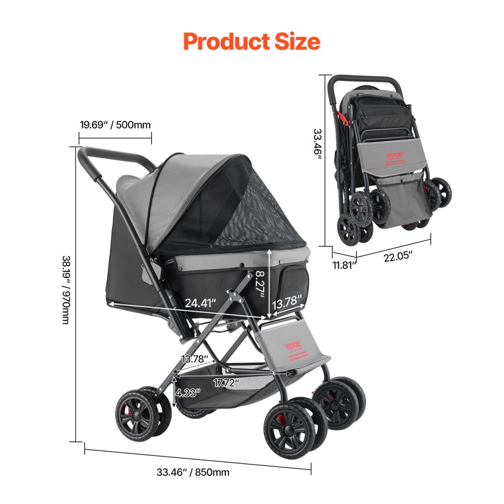 VEVOR Dog Stroller, 20 kg Load Capacity, Foldable Dog Cart, 4-Wheeled Dog Box with Mesh Windows and Reversible Handle, Pet Transport Cart with Brake, for Small to Medium-Sized Pets