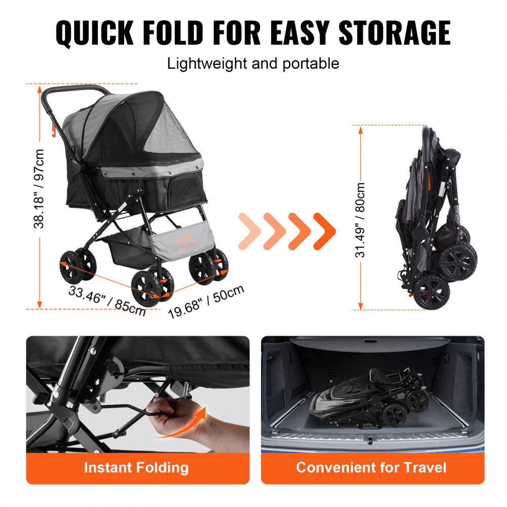 VEVOR Cochecito para Perros 4 Ruedas Giratorias 1 Freno Cochecito para Mascotas Capacidad de Carga 20 kg Cochecito para Gatos Asa Reversible Cesta de Almacenamiento Cremallera para Perros, Negro Gris
