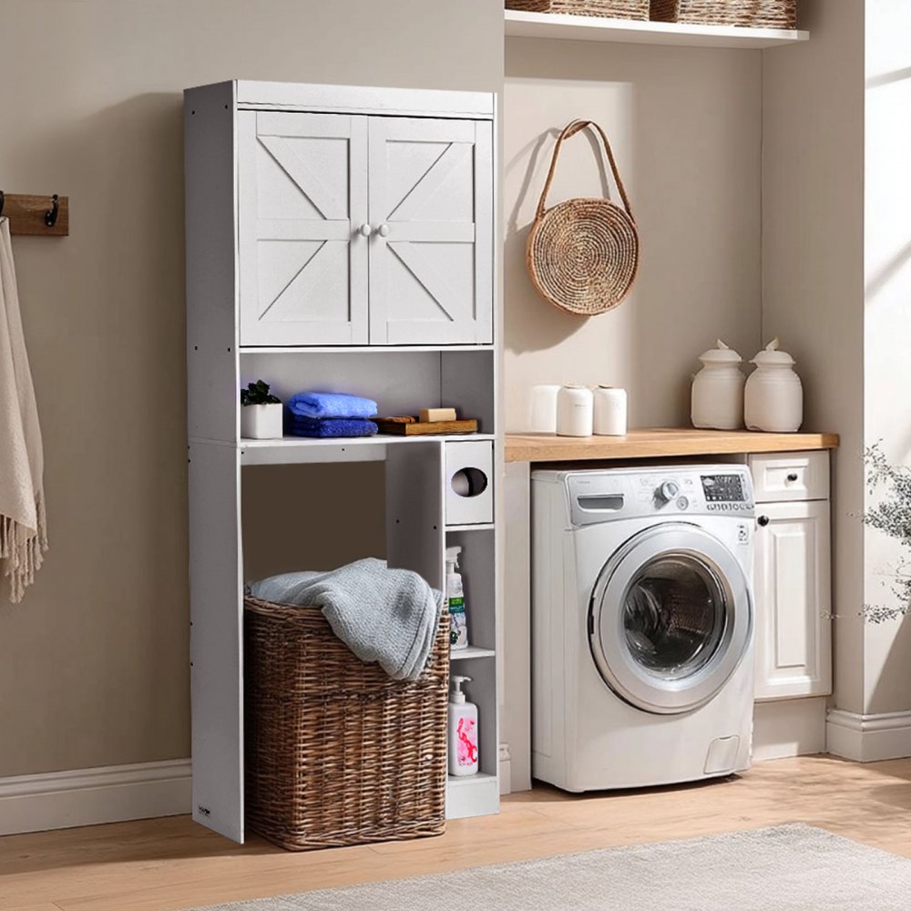 VEVOR Over The Toilet Storage Cabinet, 171.3 cm Height Bathroom Storage Organizer with Double Door and Adjustable Shelf, Bathroom Space Saver Organizer Above Toilet with Open Shelf, White