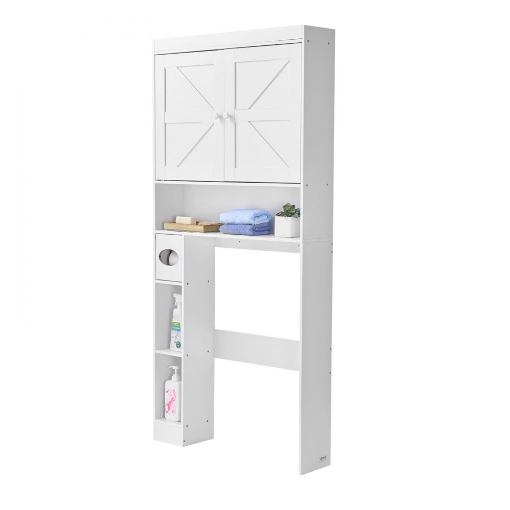 VEVOR Over The Toilet Storage Cabinet, 171.3 cm Height Bathroom Storage Organizer with Double Door and Adjustable Shelf, Bathroom Space Saver Organizer Above Toilet with Open Shelf, White