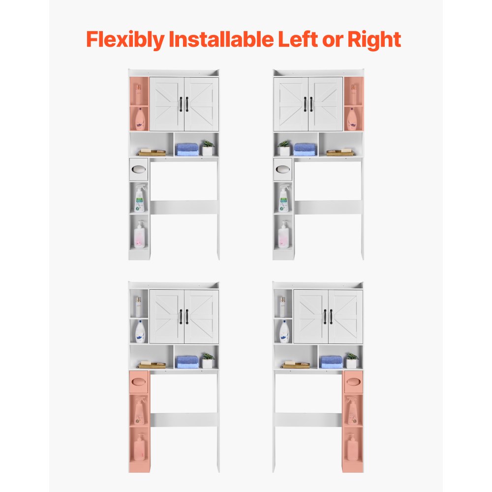 VEVOR Over The Toilet Storage Cabinet, 168 cm Height Bathroom Storage Organizer with Double Door and Adjustable Shelf, Bathroom Space Saver Organizer Above Toilet with Open Shelf, White