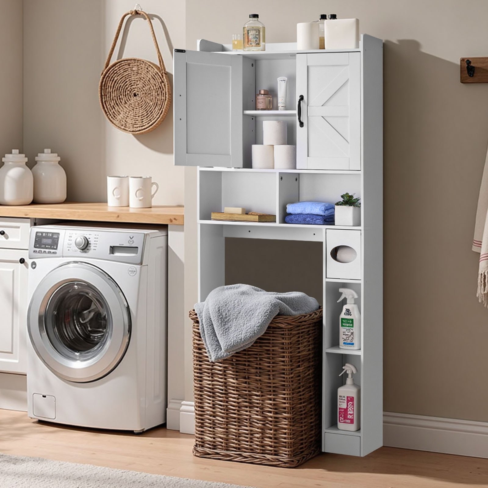 VEVOR Over The Toilet Storage Cabinet, 168 cm Height Bathroom Storage Organizer with Double Door and Adjustable Shelf, Bathroom Space Saver Organizer Above Toilet with Open Shelf, White