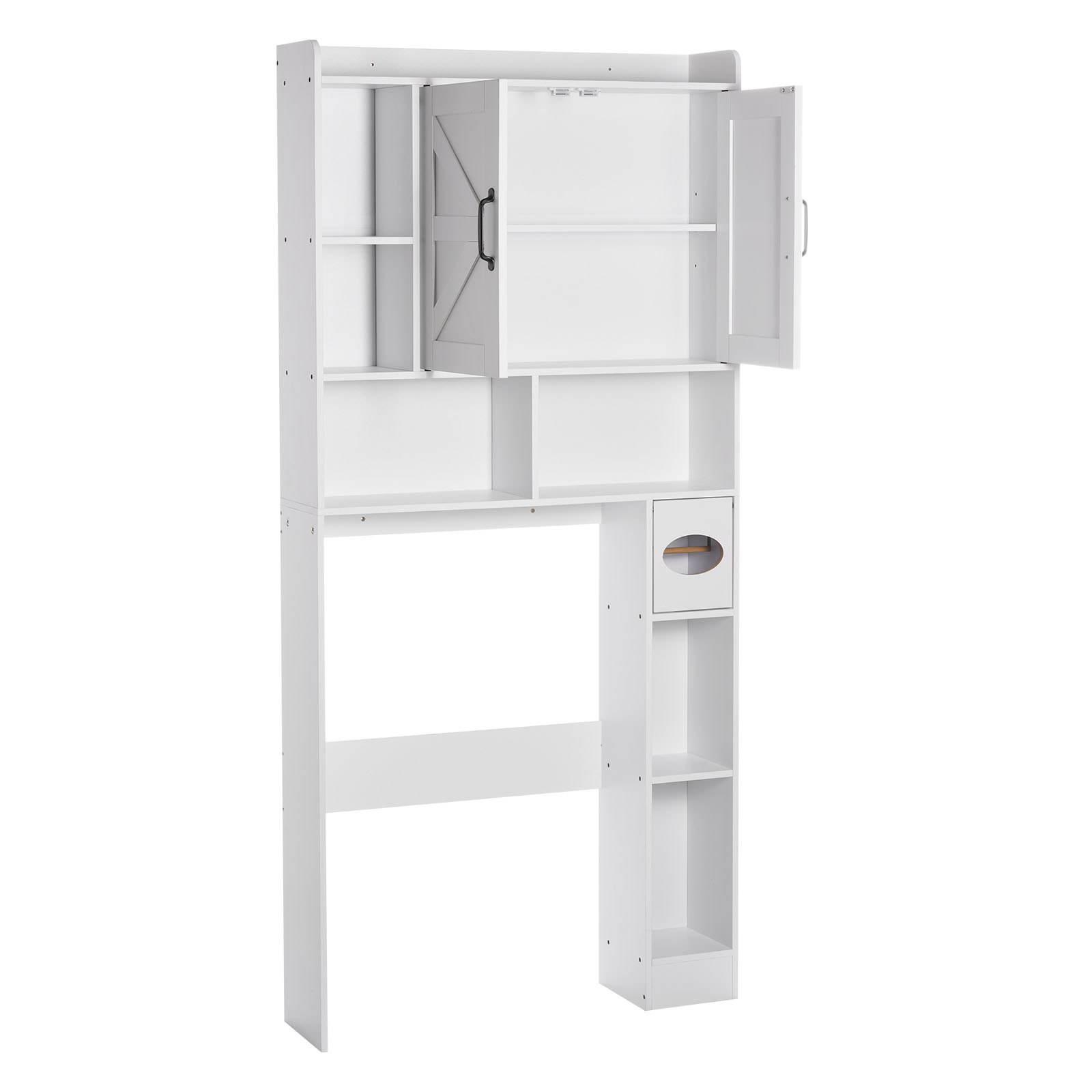 VEVOR Over The Toilet Storage Cabinet, 168 cm Height Bathroom Storage Organizer with Double Door and Adjustable Shelf, Bathroom Space Saver Organizer Above Toilet with Open Shelf, White
