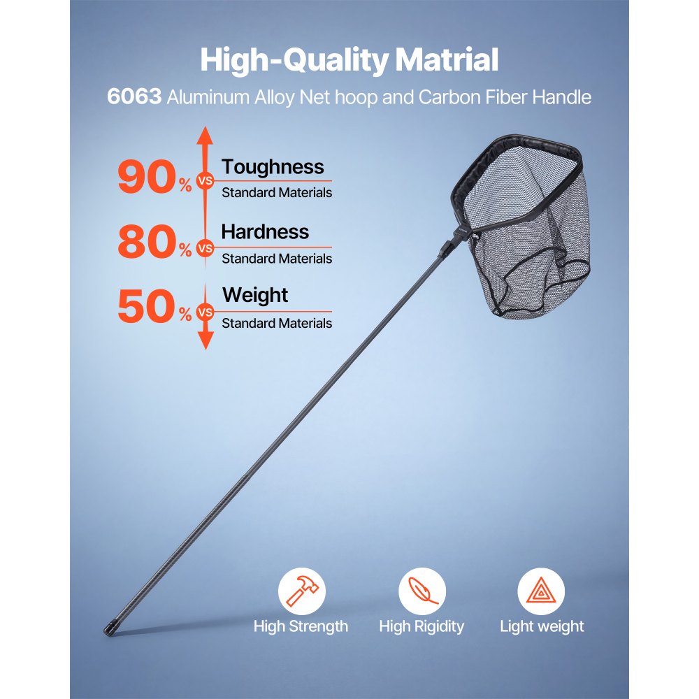 VEVOR Red de Pesca de Fibra de Carbono, Red de Aterrizaje de Peces con Mango Telescópico, Nailon Recubierto de PVC, Portátil y Ligero, Sacadera Soporta hasta 4 kg para Kayak, Barco, Orilla, Estanque