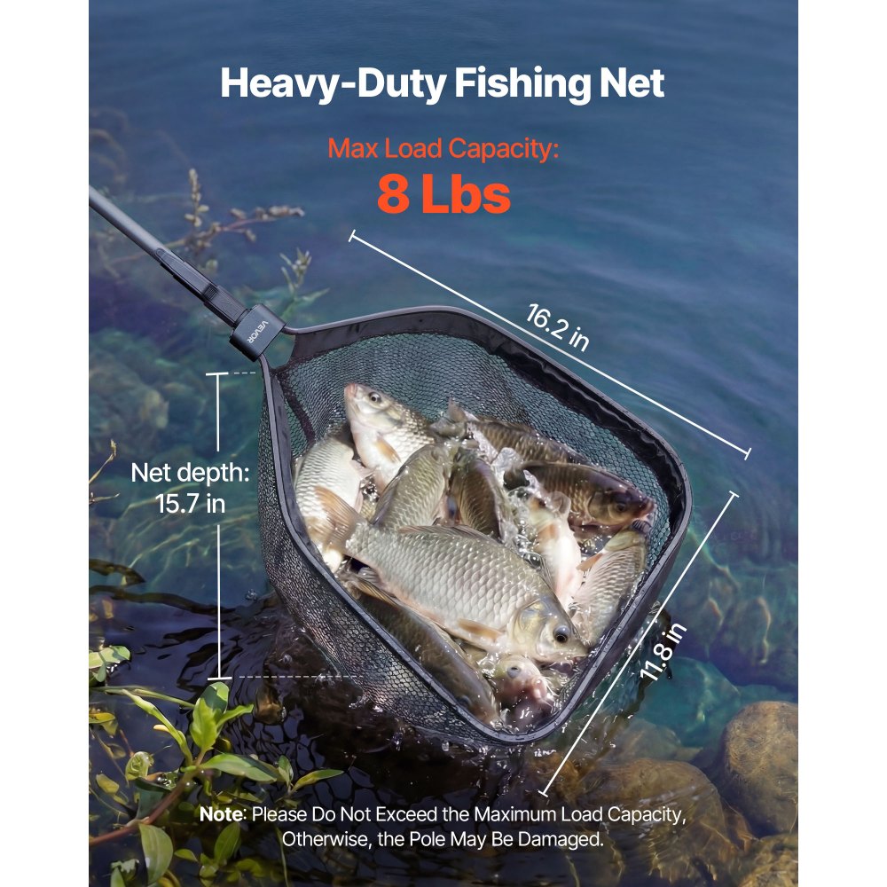 VEVOR Red de Pesca de Fibra de Carbono, Red de Aterrizaje de Peces con Mango Telescópico, Nailon Recubierto de PVC, Portátil y Ligero, Sacadera Soporta hasta 4 kg para Kayak, Barco, Orilla, Estanque