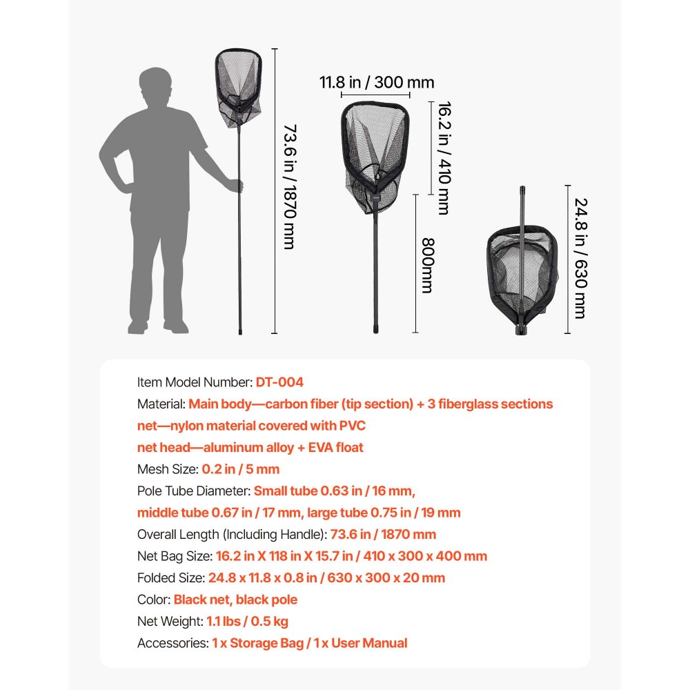 VEVOR Red de Pesca de Fibra de Carbono, Red de Aterrizaje de Peces con Mango Telescópico, Nailon Recubierto de PVC, Portátil y Ligero, Sacadera Soporta hasta 4 kg para Kayak, Barco, Orilla, Estanque