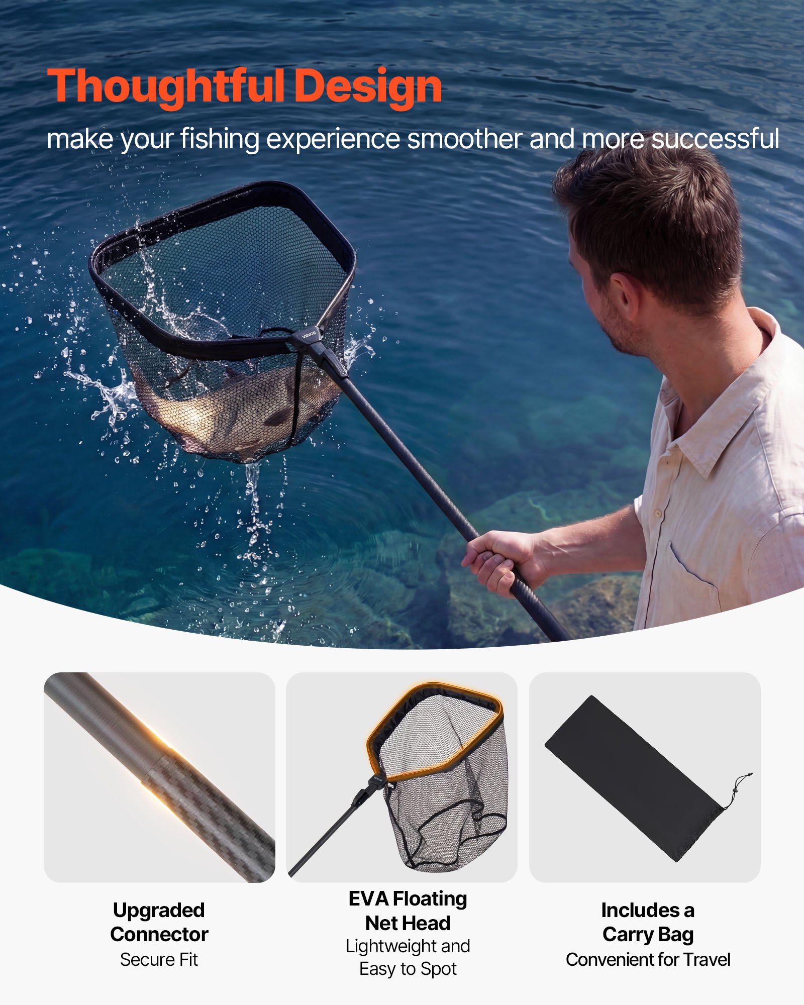 VEVOR Red de Pesca de Fibra de Carbono, Red de Aterrizaje de Peces con Mango Telescópico, Nailon Recubierto de PVC, Portátil y Ligero, Sacadera Soporta hasta 4 kg para Kayak, Barco, Orilla, Estanque