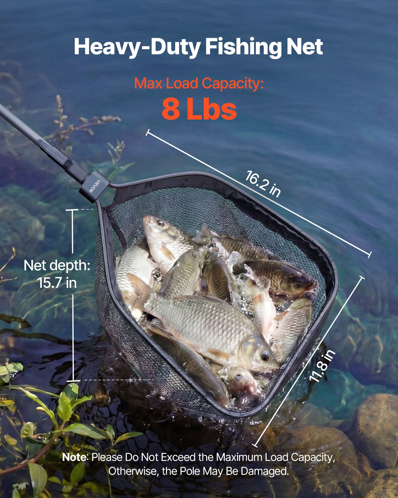 VEVOR Red de Pesca de Fibra de Carbono, Red de Aterrizaje de Peces con Mango Telescópico, Nailon Recubierto de PVC, Portátil y Ligero, Sacadera Soporta hasta 4 kg para Kayak, Barco, Orilla, Estanque