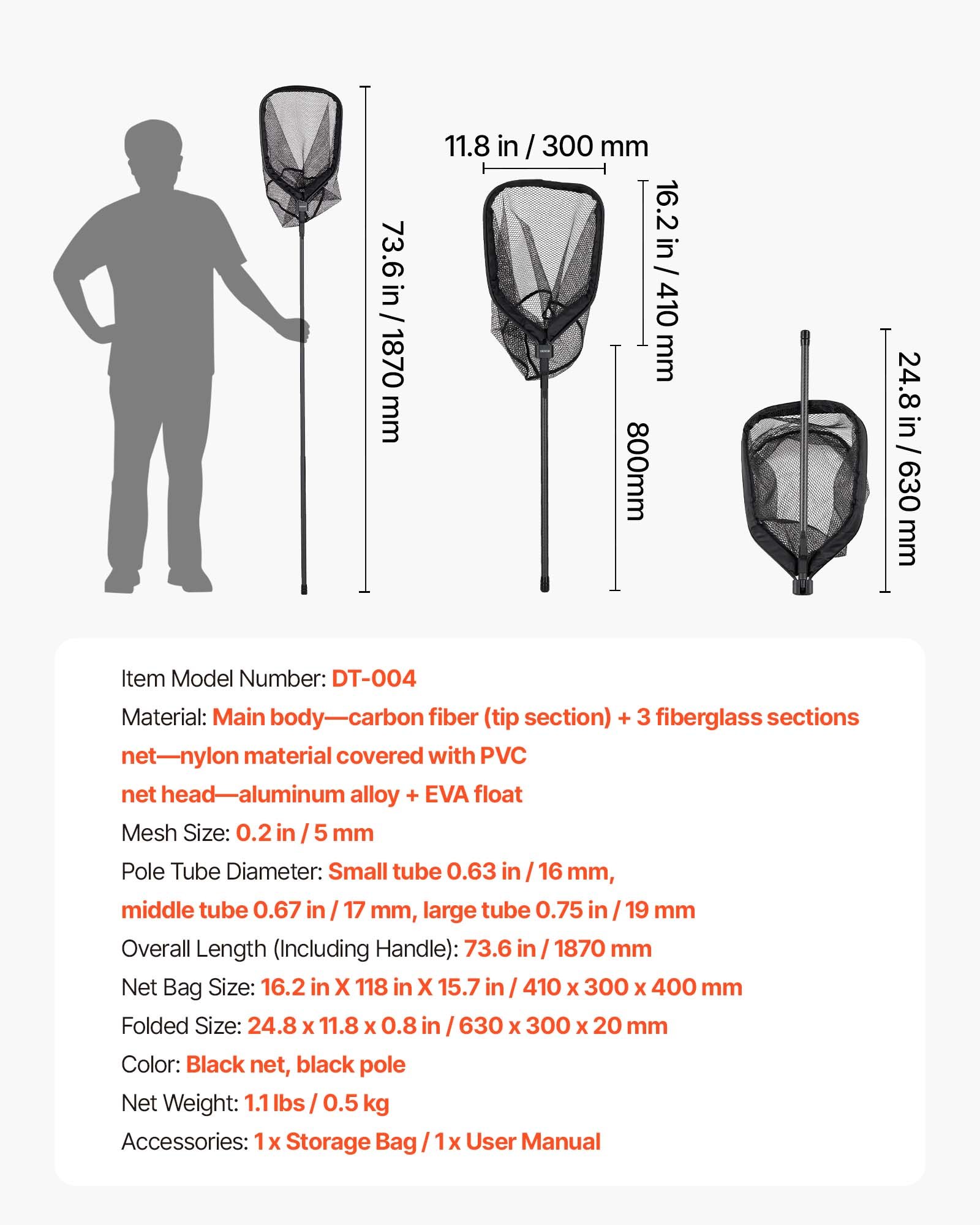VEVOR Red de Pesca de Fibra de Carbono, Red de Aterrizaje de Peces con Mango Telescópico, Nailon Recubierto de PVC, Portátil y Ligero, Sacadera Soporta hasta 4 kg para Kayak, Barco, Orilla, Estanque