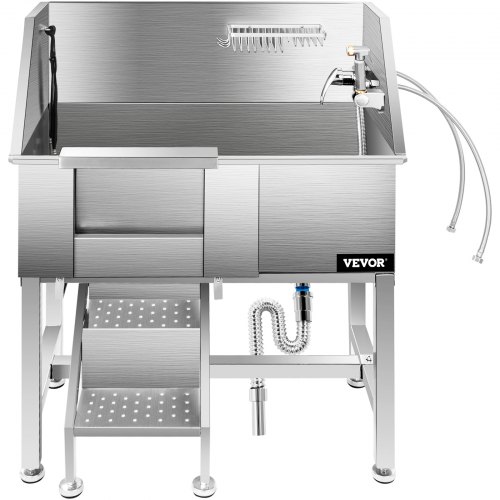 VEVOR Bañera de Acero Inoxidable para Perros 86,8 x 46,7 x 110,4 cm Bañera Peluquería Canina Longitud de Mascota de 86,4 cm Tina de Aseo para Mascotas Capacidad de 90,7 kg Ducha de Lavado con Grifo
