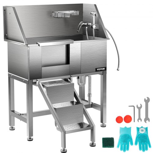 VEVOR Bañera de Acero Inoxidable para Perros 86,8 x 46,7 x 110,4 cm Bañera Peluquería Canina Longitud de Mascota de 86,4 cm Tina de Aseo para Mascotas Capacidad de 90,7 kg Ducha de Lavado con Grifo