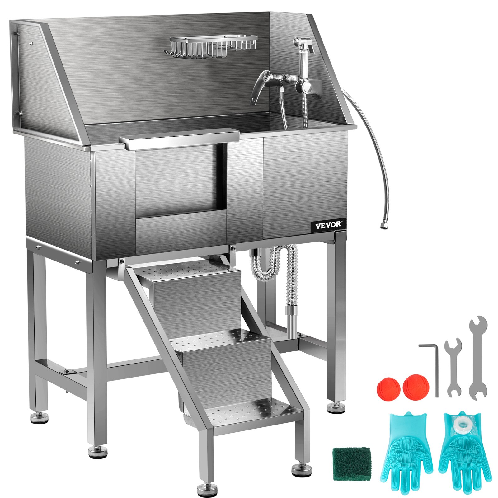 VEVOR Bañera de Acero Inoxidable para Perros 86,8 x 46,7 x 110,4 cm Bañera Peluquería Canina Longitud de Mascota de 86,4 cm Tina de Aseo para Mascotas Capacidad de 90,7 kg Ducha de Lavado con Grifo