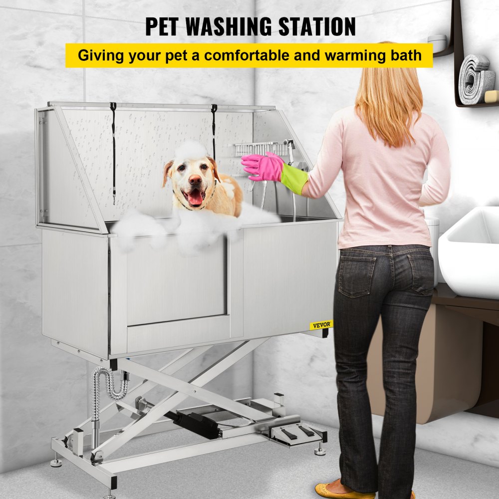 VEVOR Bañera de Acero Inoxidable para Mascota con Altura Ajustable de 53-73", Bañera Bathtube Mascotas Ducha con Grifo, Profesional Acero Inoxidable Perros Bañera