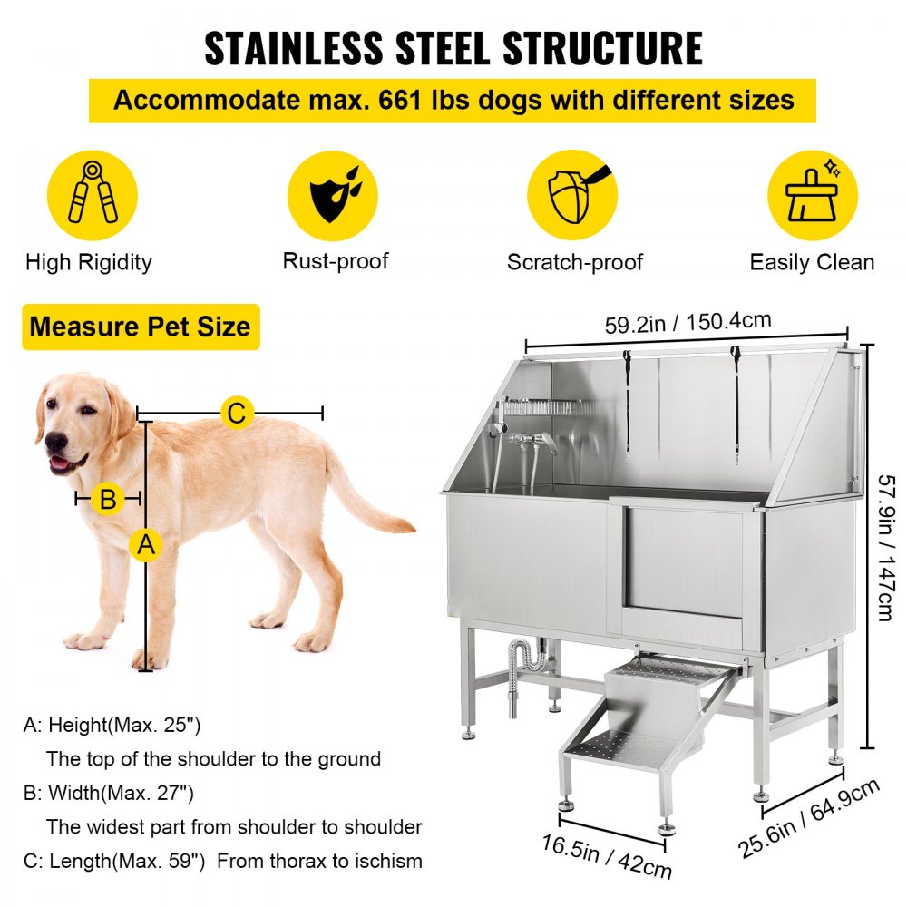 VEVOR Bañeras de acero inoxidable para perros, mascotas de 149,9cm Puerta Derecha