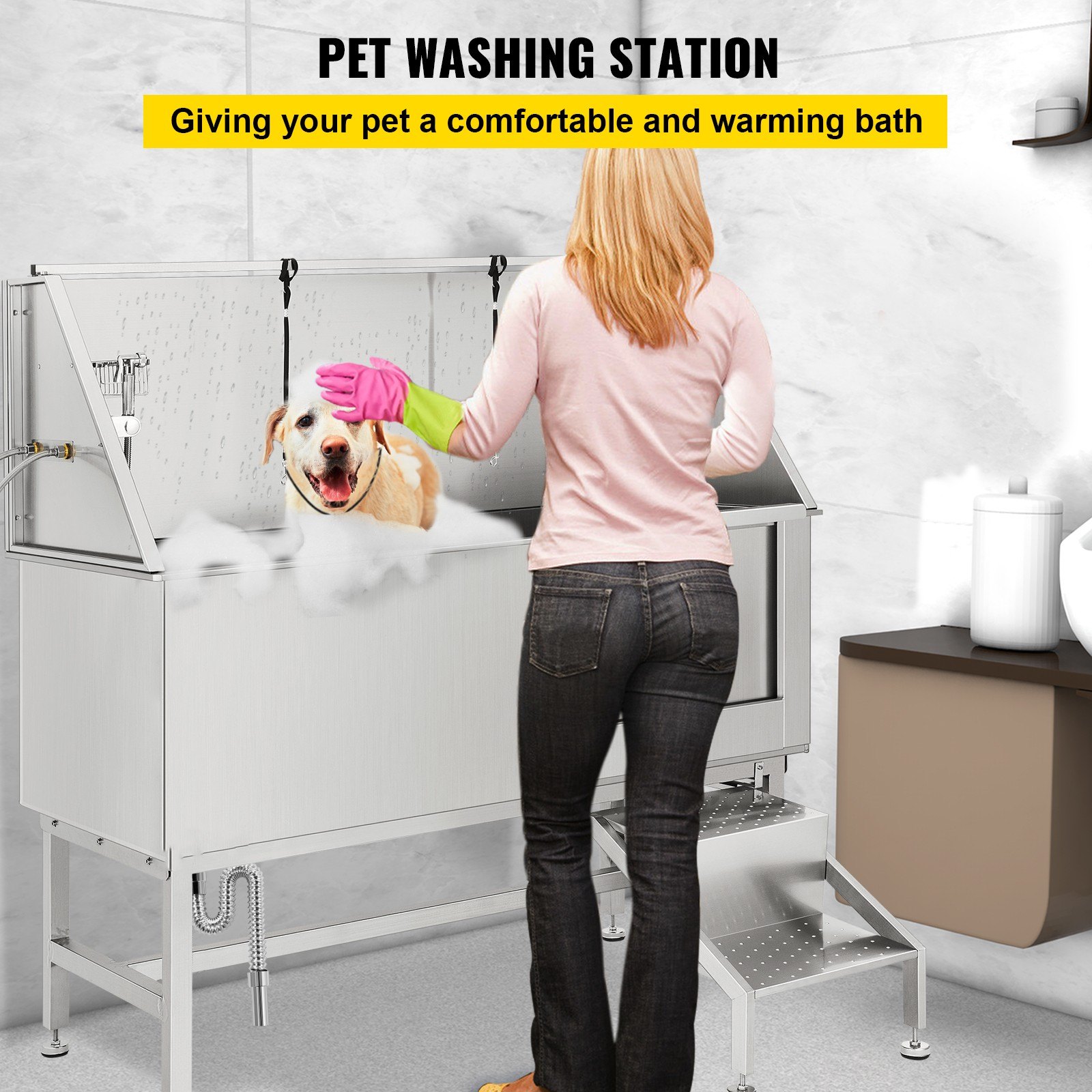VEVOR Bañeras de acero inoxidable para perros, mascotas de 149,9cm Puerta Derecha