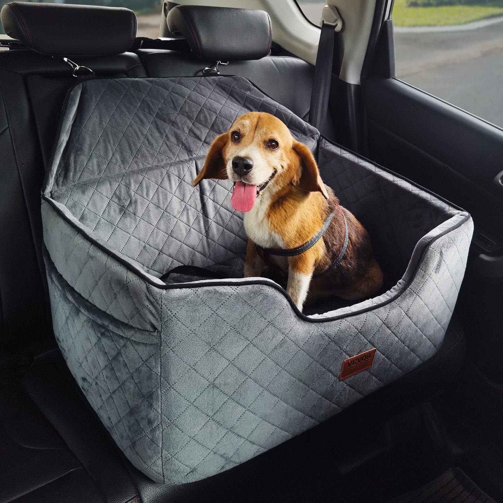 VEVOR Dog Car Seat, Dog Booster Seat with Storage Bag, Pet Car Seat with Attachable Safety Leash, Sponge Filling, Dog Car Bed for Medium and Large Dogs up to 25 kg, Gray