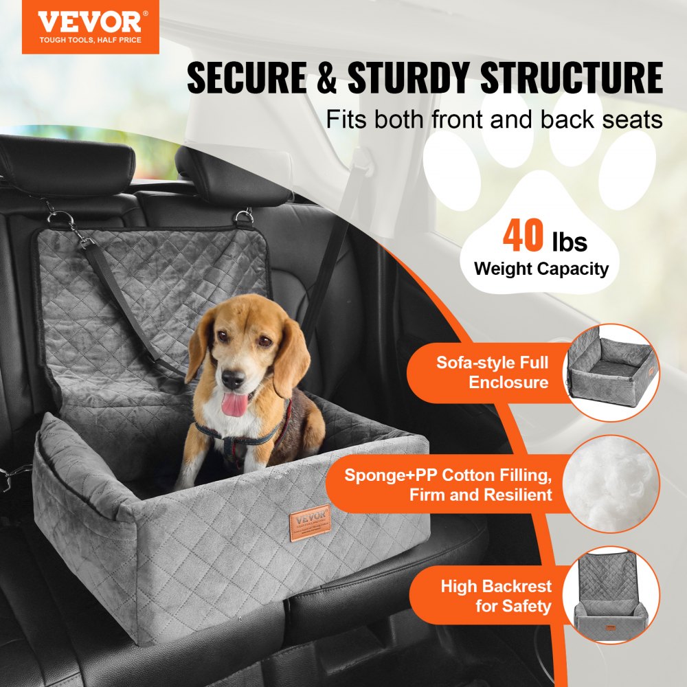 VEVOR Dog Car Seat, Dog Booster Seat with Storage Bag, Attachable Safety Leash, Sponge and PP Cotton Filling, Dog Car Bed for Small and Medium Dogs up to 18 kg, Gray