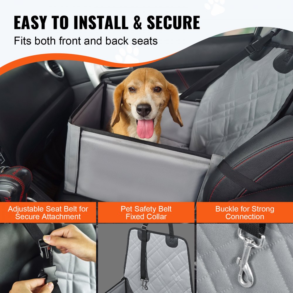 VEVOR Dog Car Seat, Dog Booster Seat for Cars with Support Frame, Pet Car Seat with Attachable Safety Leash, Cotton Filling, Dog Car Bed for Small Dogs up to 26 lbs, Gray