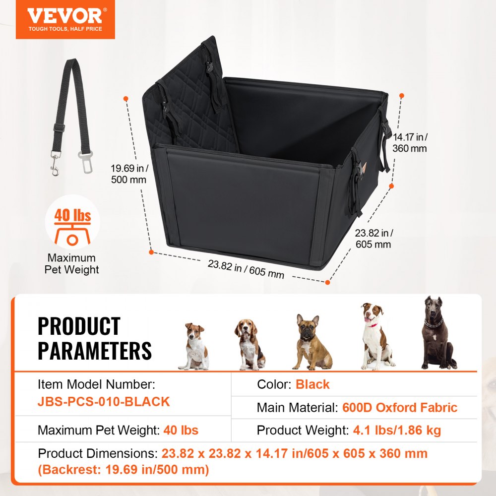 VEVOR Dog Car Seat, Waterproof Dog Booster Seat for Cars with Support Frame, Pet Car Seat with Attachable Safety Leash, Dog Car Bed for Small, Medium and Large Dogs up to 18 kg, Black